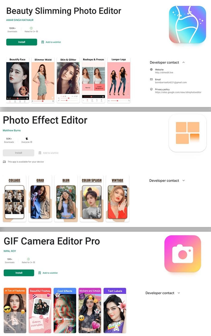 Android 用戶注意!2023 年來自於 Google Play 的惡意軟體下載量達 6 億次! - 阿祥的網路筆記本 Beauty Slimming Photo Editor、Photo Effect Editor 和 GIF Camera Editor Pro 這三個其實都是暗藏 Fleckpe 訂閱木馬程式的 APP