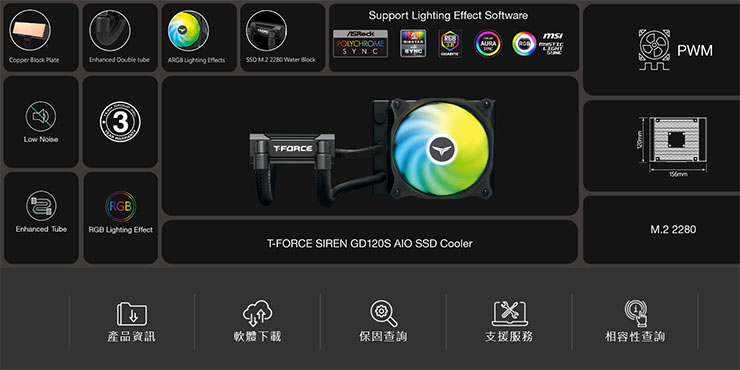 T-FORCE SIREN GD120S 一體式 SSD 水冷散熱器產品特色