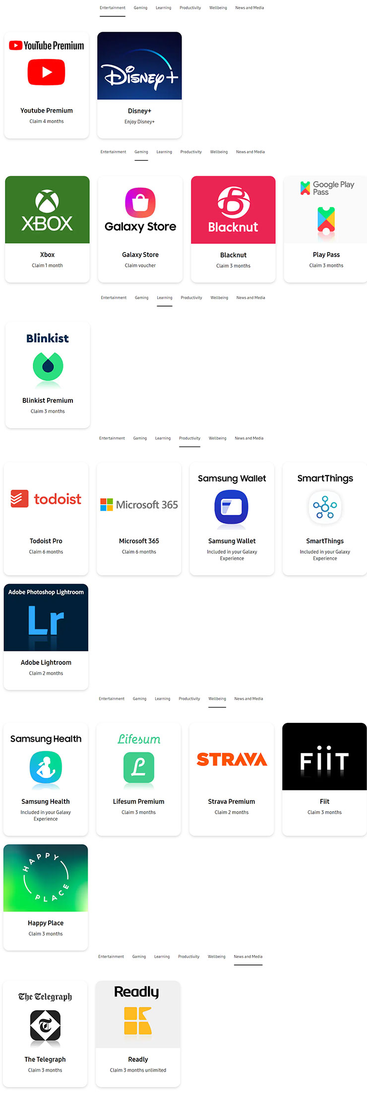 三星在英國、愛爾蘭推出「Samsung Boost」服務,指定機型可獲免費 Disney+、YouTube Premium…等優惠! - 阿祥的網路筆記本 目前 Samsung Booost 在英國提供的免費優惠訂閱 / 優惠券一覽