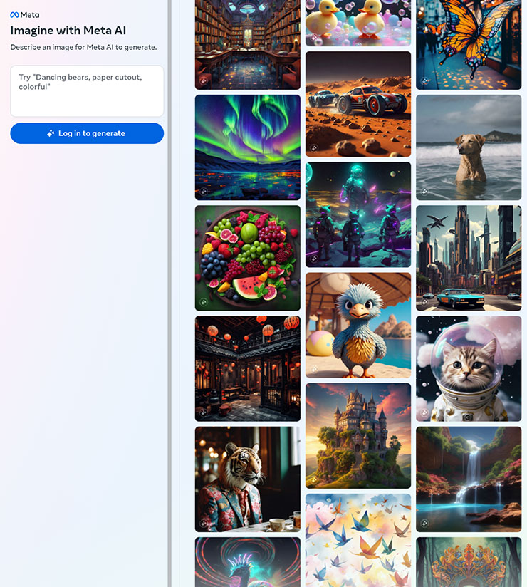 Meta 推出「Imagine」AI 圖片生成工具,第一手實測心得分享! - 阿祥的網路筆記本 Meta Imagine 的首頁,左方有輸入框可輸入指令,不過初次使用需要登入 Meta 帳號,按一下「Log in to generate」按鈕