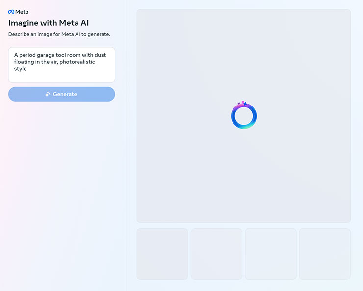 Meta 推出「Imagine」AI 圖片生成工具,第一手實測心得分享! - 阿祥的網路筆記本 使用 VPN 服務跳轉至美國地區後,即可使用 Meta Imagine 來生成影像,輸入指令後右方會出現一大四小的圖框,等待 10 秒內就會有結果了