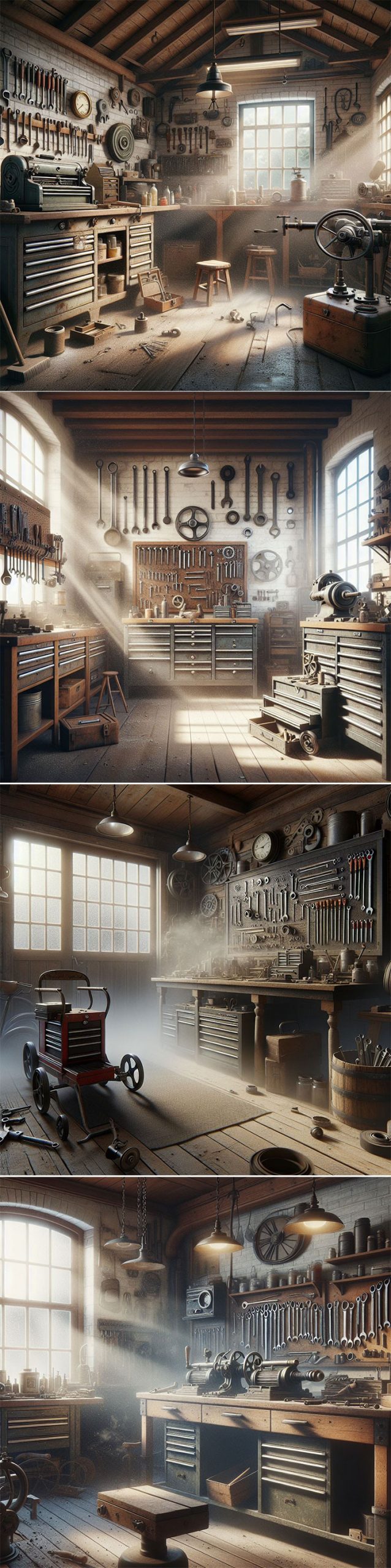 Meta 推出「Imagine」AI 圖片生成工具,第一手實測心得分享! - 阿祥的網路筆記本 指令「有歷史感的車庫工具間,灰塵在空氣中散落,真實攝影風格」,Image Creator 的效果也很不錯,畫面整體更明亮,但工具間的樣式比較類似,但細節更多