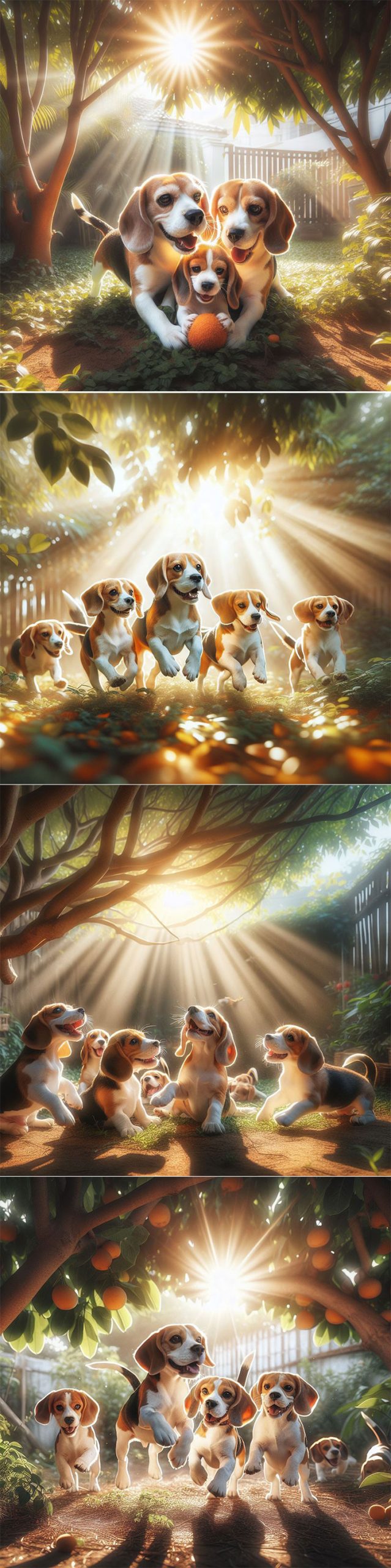 Meta 推出「Imagine」AI 圖片生成工具,第一手實測心得分享! - 阿祥的網路筆記本 指令「一群米格魯在花園中玩耍,陽光從樹枝間灑落,真實攝影風格」,Image Creator 的生成結果畫面比較豐富、有設計感