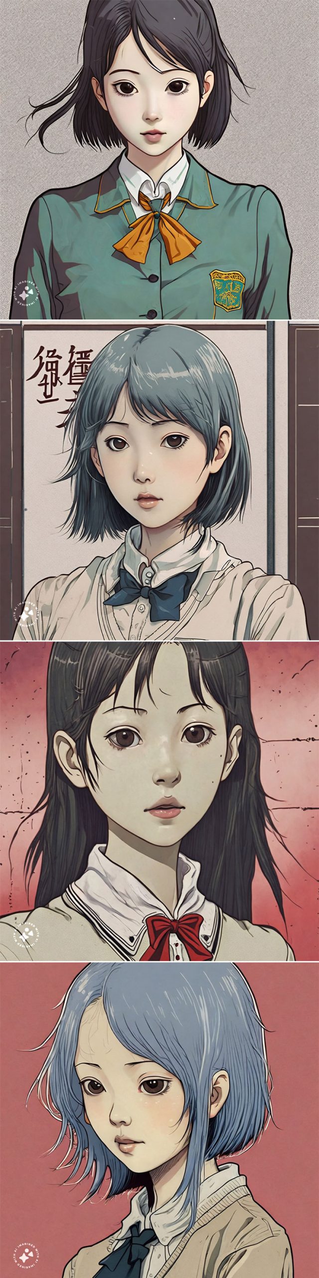 Meta 推出「Imagine」AI 圖片生成工具,第一手實測心得分享! - 阿祥的網路筆記本 指令「生成一張伊藤潤二風格的女高中生頭像」,Imagine 的生成結果蠻有臨模伊藤潤二畫風的感覺