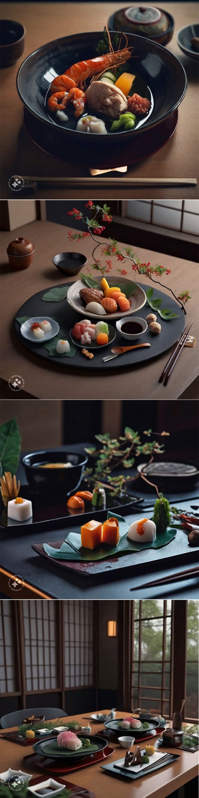 Meta 推出「Imagine」AI 圖片生成工具,第一手實測心得分享! - 阿祥的網路筆記本 下達指令「餐桌上的日本懷石料理,真實攝影風格照片,真實攝影風格」,Imagine 生成的影像成品,構圖變化多,看起來也有懷石料理的意境