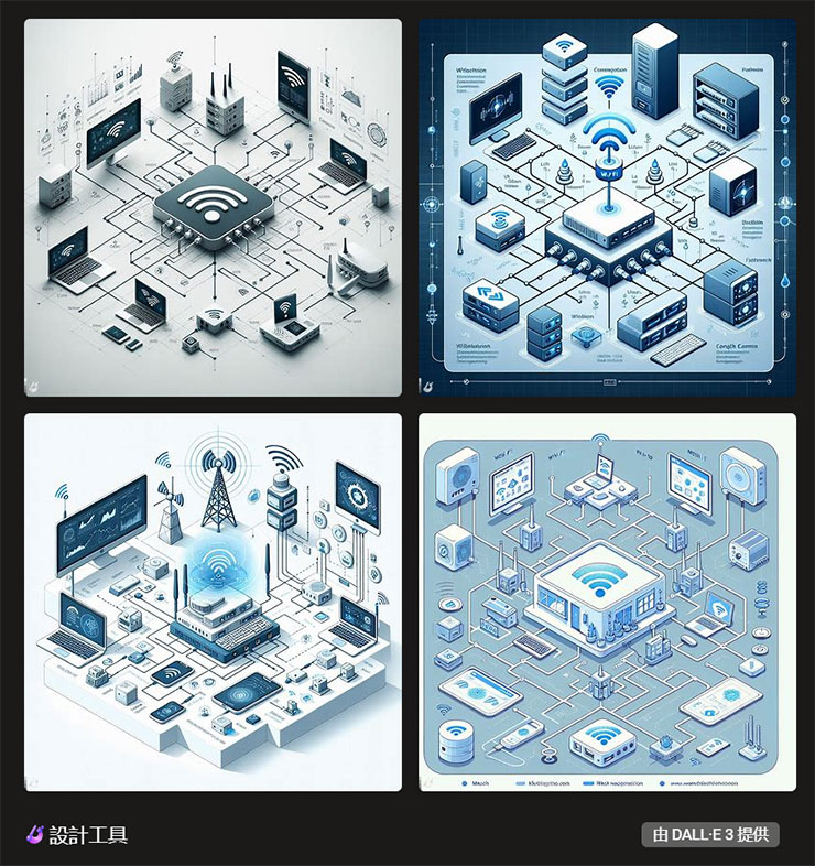 Meta 推出「Imagine」AI 圖片生成工具,第一手實測心得分享! - 阿祥的網路筆記本 指令「生成一張展示 Mesh Wi-Fi 架構的圖像,要易於理解」,Image Creator 的成結果就很有資訊圖表的設計感,給過!