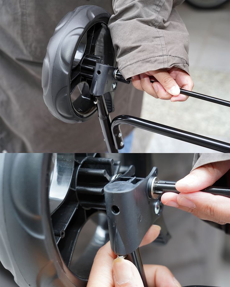 Petstro 沛德奧寵物推車開箱分享:309P 經典紐約系列 - 雙色千鳥,三輪設計更靈活,收摺簡單易攜帶! - 阿祥的網路筆記本 車子後輪套上推車底部,有一個固定座插入後金屬卡榫卡入圓洞中就完成