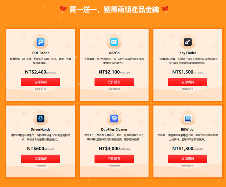 精選六款小工具也提供「買一送一」的好康，結帳後直接獲得兩組產品金鑰。