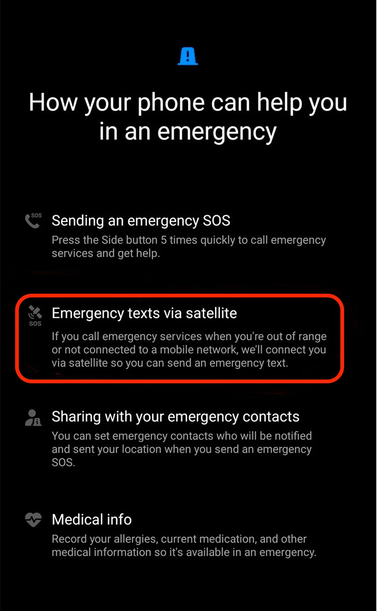 流出的 One UI 6.1 截圖可以看到衛星求救功能