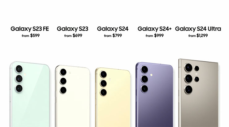 三星 Galaxy S24 系列正式發表,內建 Galaxy AI 宣告 Galaxy S 系列進入「行動 AI 時代」! - 阿祥的網路筆記本 Galaxy S24 系列三款新機在美國的售價,其中 S24 與 S24+ 價格與前代相同,S24 Ultra 增加 100 美金,原本的 S23 系列同步降價。