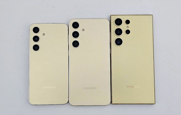 三星 Galaxy S24 系列實機外觀動眼看!設計小細節差異,主題式感應保護殼風格多變! - 阿祥的網路筆記本 Galaxy S24 系列的黃色款三機(左至右 S24、S24+ 與 S24 Ultra)