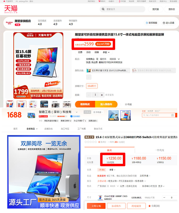 低價貨源輕鬆掌握!巧巧郎集運「1688 代採購」服務幫你從阿里巴巴用批發價入手好貨!最低一件就能批,一站式搞定付款、運送、集貨來台! - 阿祥的網路筆記本 相較於淘寶、天貓這類 B2C 電商平台,B2B 定位的阿里巴巴 1688 平台的產品價格更低,像阿祥最近也很想買的可攜式雙螢幕顯示器,類似產品的差價達人民幣 569 元(折合新台幣約 2500 元),透過巧巧郎集運 1688 代採購服務就能輕鬆以最低價入手。