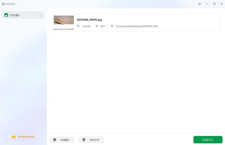 我們以照片為例，選擇「圖片恢復」後，加入一張因不明原因造成影像部份消失的照片，並選擇右下角「恢復所有」。