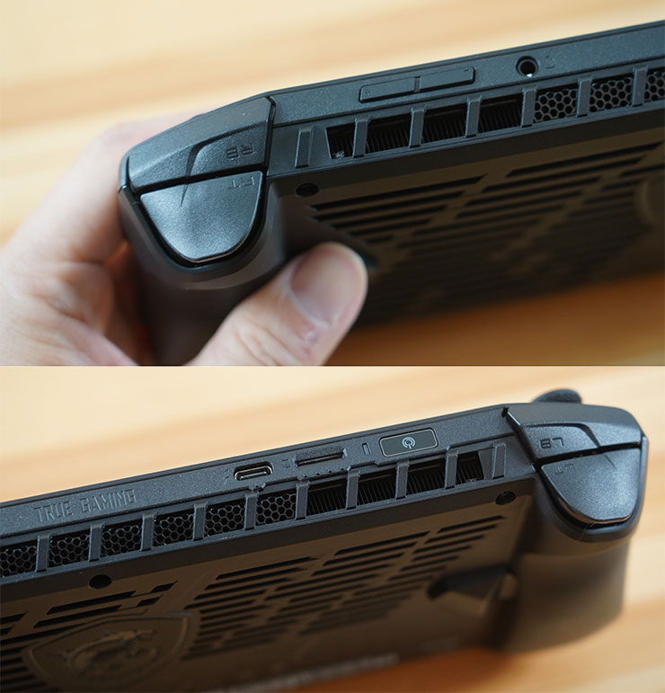 左右側的 2 組肩鍵同樣為霍爾效應規格，右側（圖上）有音量鍵與 3.5 mm 耳麥孔，左側（圖下）設置了附加指紋辨識功能的電源鍵、microSD 卡槽與 Thunderbolt 4 埠