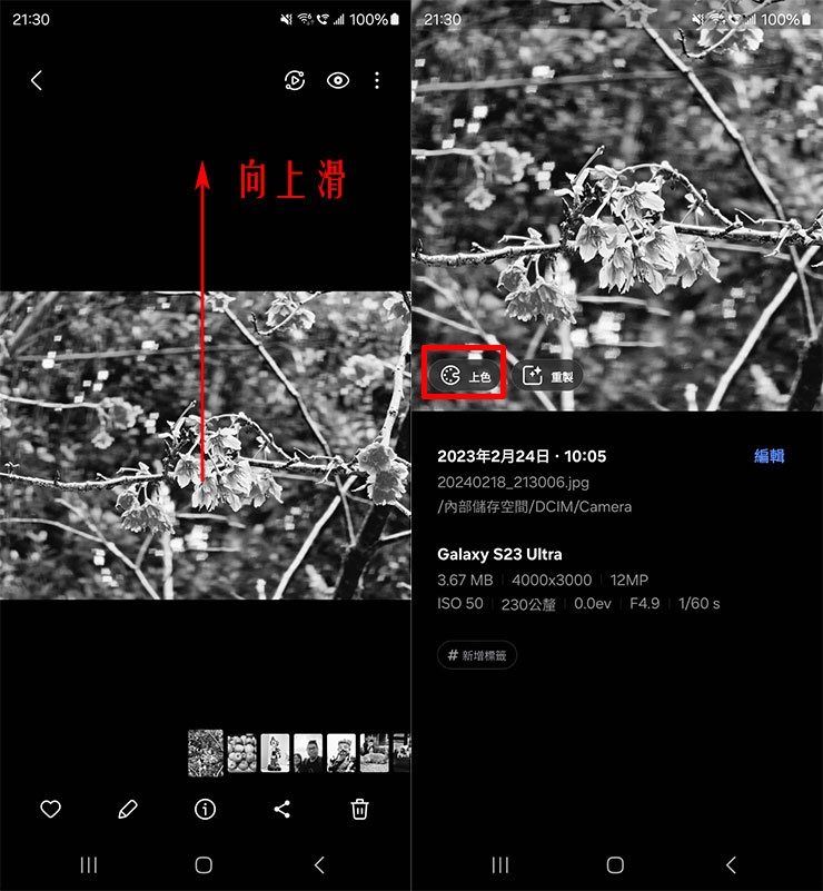三星 Galaxy S24 系列隱藏 AI 功能實測:黑白照片自動填色功能…這功能感覺有點微妙? - 阿祥的網路筆記本 在媒體瀏覽器中,觀看單張照片時向上滑,會出現詳細資訊,這時照片預覽上會出現影像建議,選「上色」