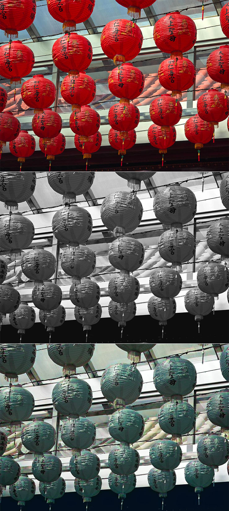 三星 Galaxy S24 系列隱藏 AI 功能實測:黑白照片自動填色功能…這功能感覺有點微妙? - 阿祥的網路筆記本 來比較一下影像原圖(上)、黑白化(中)與 AI 上色結果(下)的差異,這一組是寺廟內的紅燈籠,可以發現到 AI 上色都變成有點綠綠的