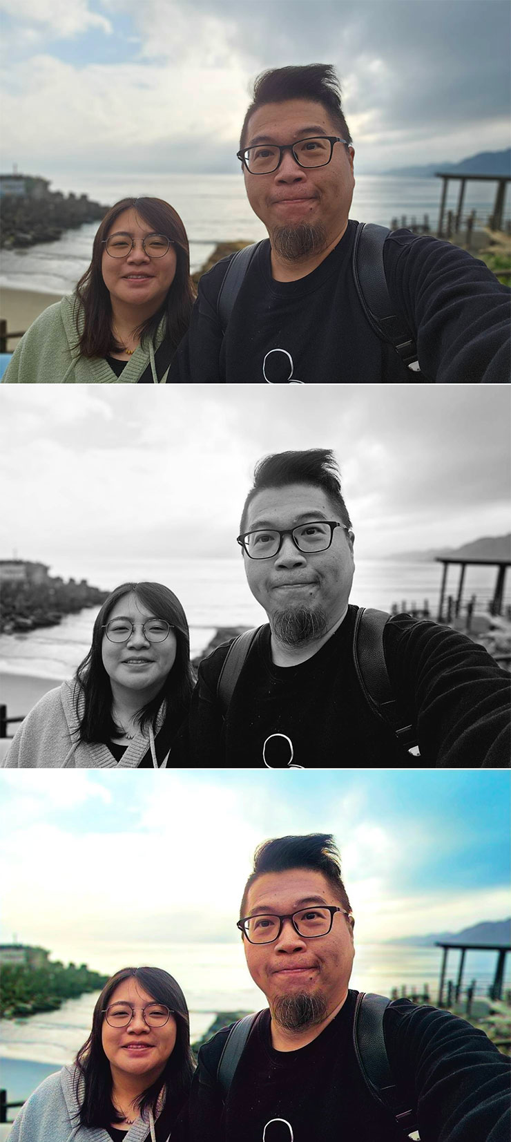 三星 Galaxy S24 系列隱藏 AI 功能實測:黑白照片自動填色功能…這功能感覺有點微妙? - 阿祥的網路筆記本 來比較一下影像原圖(上)、黑白化(中)與 AI 上色結果(下)的差異,這一組是人像與風景,可以發現色彩還原度算是很高,只有背景偏過曝一些