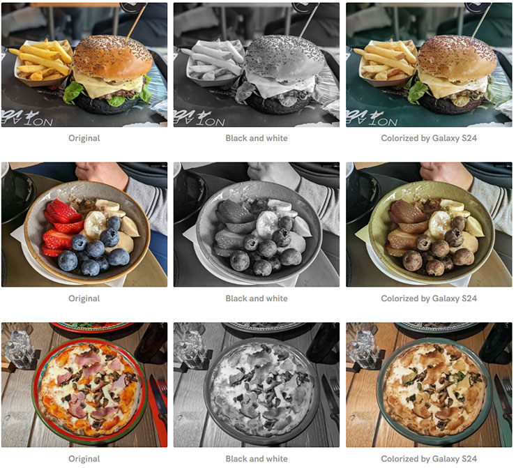 三星 Galaxy S24 系列隱藏 AI 功能實測:黑白照片自動填色功能…這功能感覺有點微妙? - 阿祥的網路筆記本 不同食物的實測結果,圖左為原圖、圖中為黑白化,圖右為 Galaxy S24 的 AI 上色結果