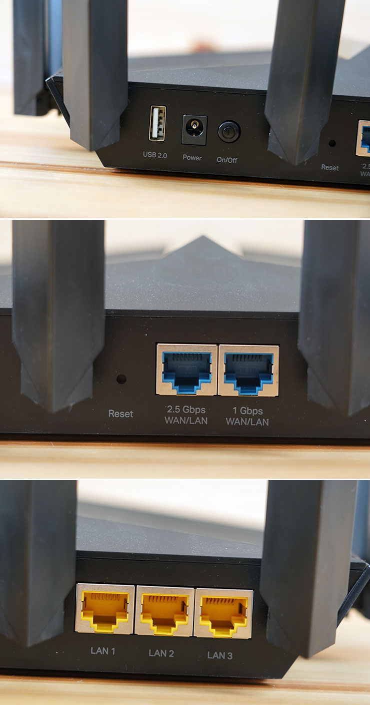 圖上為 USB 2.0 埠、電源接口、電源開關，圖中為一組 2.5 Gbps 的 WAN / LAN 兩用埠、一組 1 Gbps WAN / LAN 兩用埠，圖下為三組 1 Gbps 的 LAN 埠。