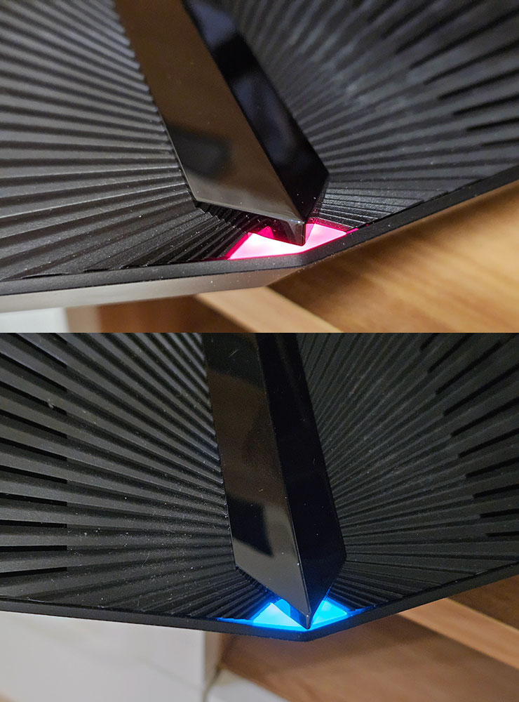 Archer AXE95 在開機後機身前側的指示燈會閃黃燈，待紅燈恆亮（圖上）後可進行初始設定，設定完成且運行正常時會恆亮藍燈（圖下）。