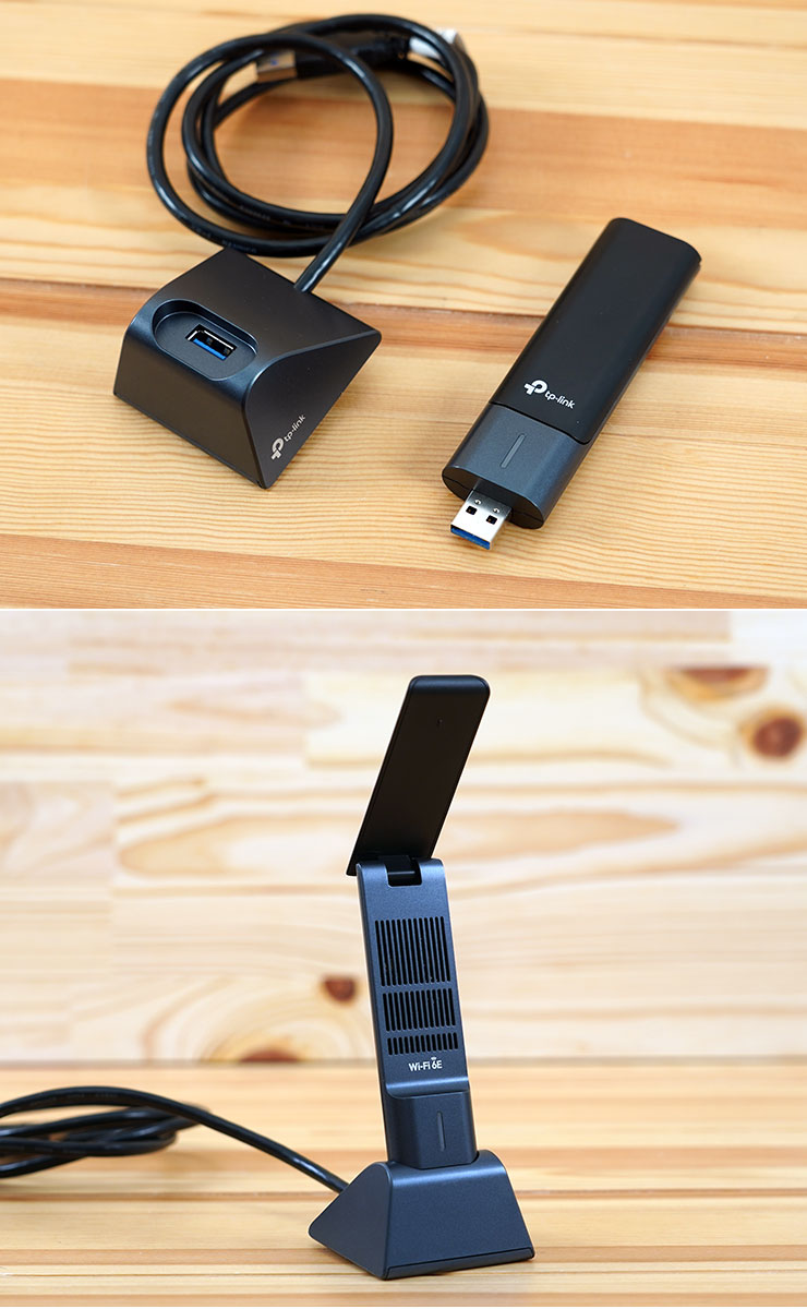 TP-Link 的 USB 外接式的 WiiFi 6E 網卡 Archer TXE70UH，標配了一個擴充式底座，可將網卡本體架立起來，並展開天線提高收訊效果。