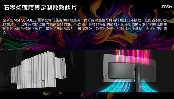 全新 QD-OLED 系列皆採用擁有極佳熱傳導的石墨烯面板和特殊散熱鰭片模組，確保高效且無噪音的散熱表現，強化產品壽命
