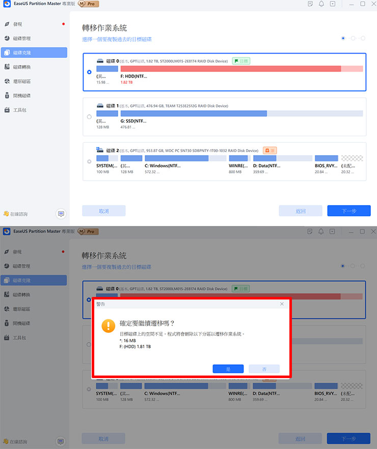C 槽容量不足讓系統卡卡?四大原因解析、四大解方一次傳授! - 阿祥的網路筆記本 選擇要轉移的目標磁碟區,容量需大於來源磁碟,若容量不足,系統會出現警示將已存在分區移除,確認後會自動刪除磁區並完成系統搬移。