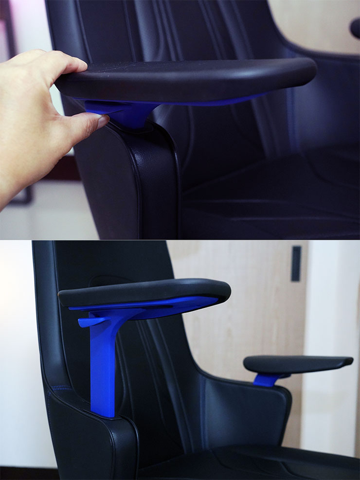 按壓扶手下方的卡榫可向上或向下調整扶手高度，在不同的遊玩情境時能夠為雙臂帶來最適合的支撐角度。