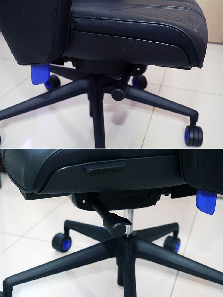 座椅左右都有座椅的調整桿，右側（圖上）為座椅高低調整，左側（圖下）則可調整椅背仰角（調整桿末端輪體）與座椅坐墊的前後延伸（調整桿上撥片）。