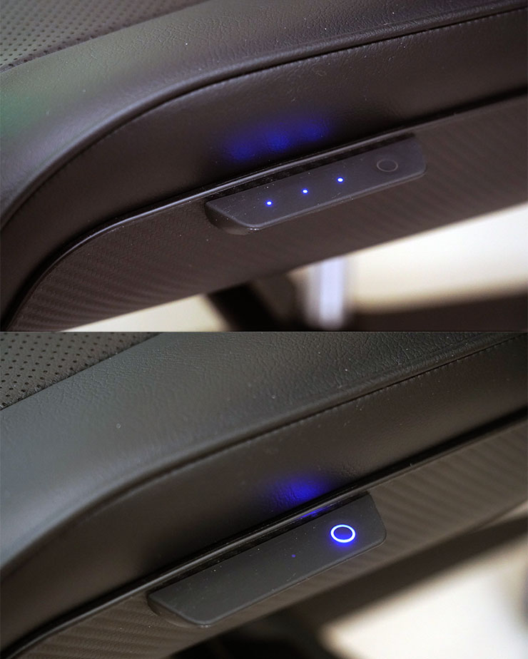 連結電源後，座椅左側的觸控按鈕長按可啟動風扇，啟動後再單點按鈕（藍色圓環）可以切換三段風速，並選擇開啟自動調弱模式，一定時間後降低風速來節約電力。