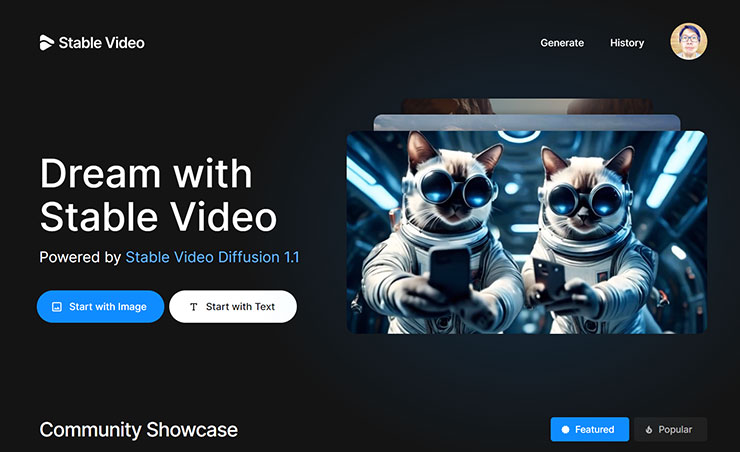 登入後，在 Stable Video 主頁選擇「Start with Text」以文字生成，或選擇「Start with Image」以圖片生成