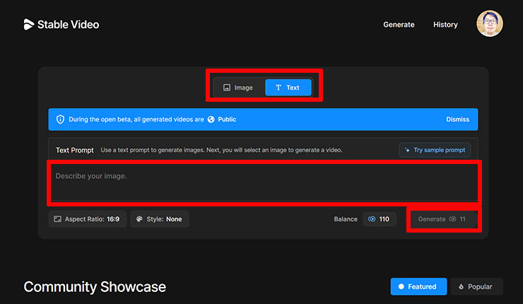在 Stable Video 的生成功能介面，上方可切換文字（Text）或圖片（Image），以文字為例，下方的「Desctribe your image.」可輸入說明指令，並按下「Generage」來生成