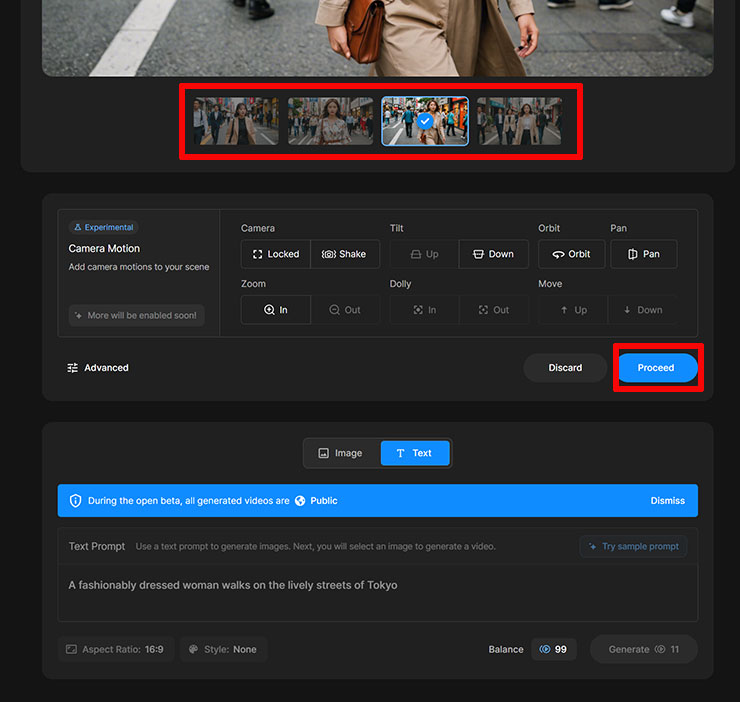 選擇靜態影像後，下方有其他可調整的鏡頭參數，可依需求調整，接著選擇「Proceed」進行影片生成