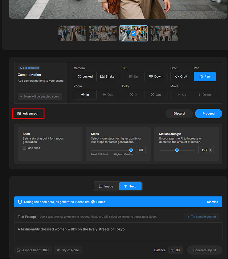 除了基本的運鏡參數，下方還有「Advanced」的進階選項可調整，有三個可調參數，分別可設定影片動態起始點、生成品質/速度設定與動態強度設定