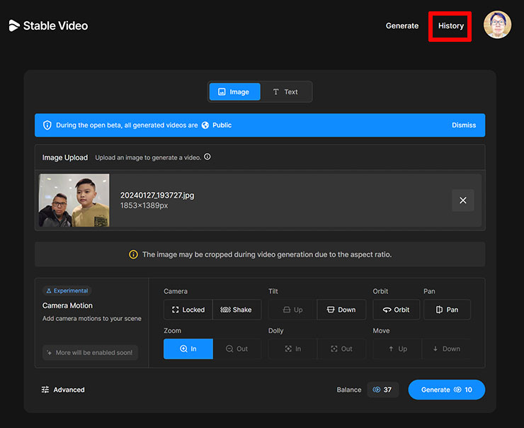 在 Stable Video 的主頁，點右上角的「History」 
