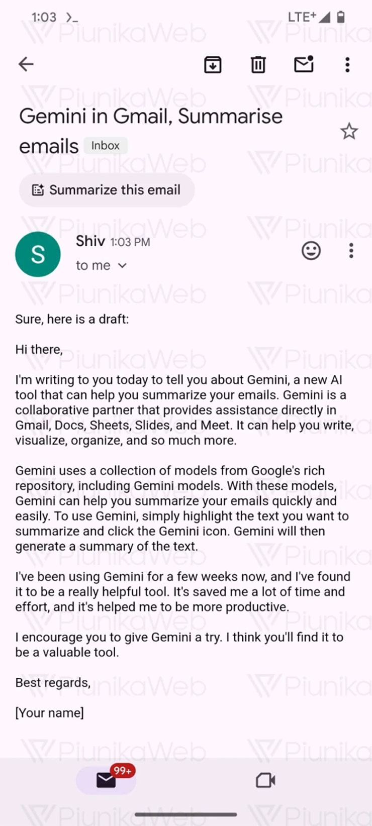 最新 Gmail 的測試版 (v2024.03.31.621006929) 中發現，Gmail 的應用程式中的信件內容標題之下，出現一個「總結此電子郵件（Summarize this email）」的功能按鈕
