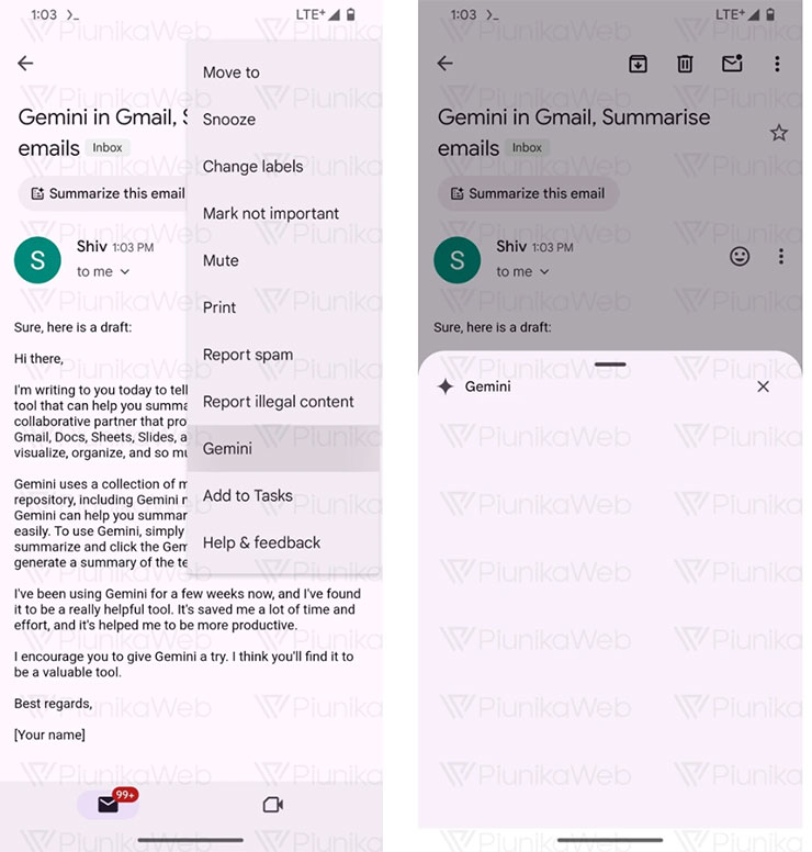 除了「總結此電子郵件」的功能，也發現到程式頂部的選單中發現了「Gemini」的功能項目，但目前也是沒有任何功能，但功能可能相當於 Workspace Labs 測試用戶的 Gemini 面板。