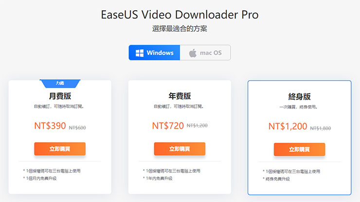 線上影片永久珍藏不怕失效-EaseUS Video Downloader 支援上千種網站影片下載! - 阿祥的網路筆記本 EaseUS Video Downloader 提供了月費訂閱、年費訂閱與終身買斷三種付費機制,以價格來說是蠻推薦終身買斷這個方案的。