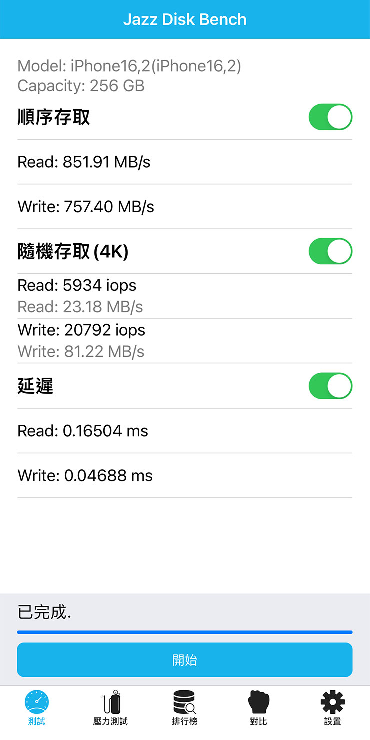 接著我們透過 Jazz Disk Bench Pro 版本來實測一下連結 TEAMGROUP PD20M 的傳輸速度，獲得成績循序讀取為 851.91 MB/s，循序寫入為 757.40 MB/s，蠻符合 iPhone 15 Pro Max USB-C 所採用 USB 3.2 Gen2 的傳輸規格。