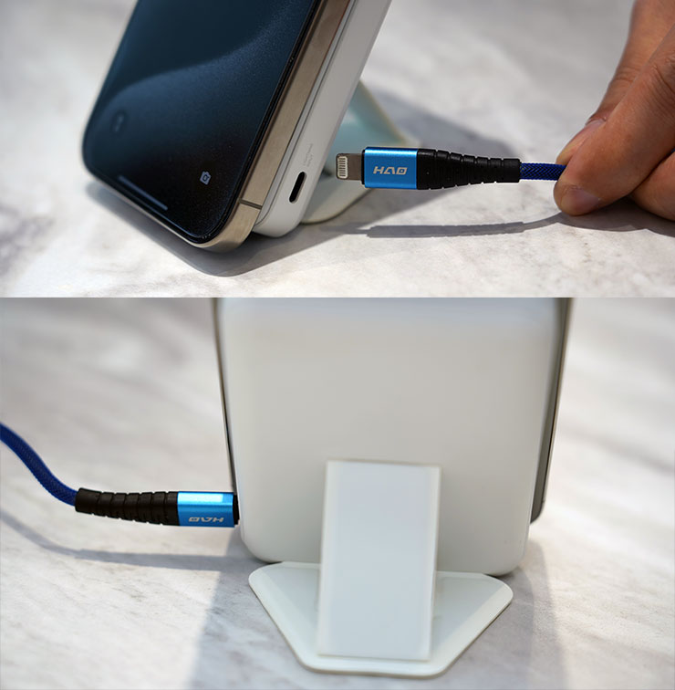 若是家裡使用的是舊款 iPhone，可直接使用原有的 Lightning 介面直接連結為 MagReact M1 補充電力。