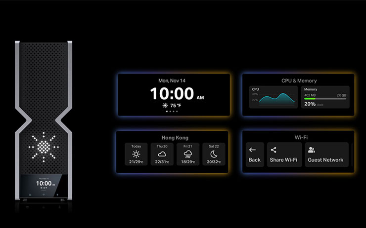 TP-Link Archer BE900首次搭載可觸控螢幕，搭配上方的LED面板可即時顯示數據用量與個性化顯示。
