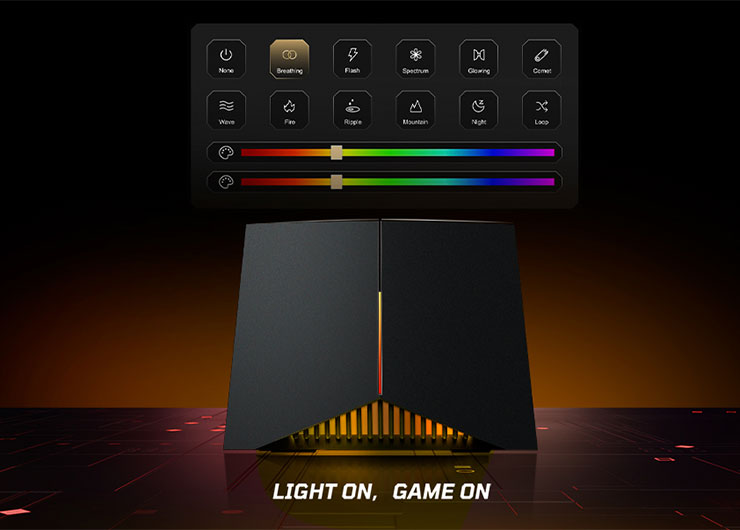 TP-Link Archer GE800外觀設計別具心裁，配備高達119個LED陣列燈泡、四款變色RGB燈光效果，讓玩家享受不間斷的遊戲外，更打造沈浸式的遊戲體驗氛圍。