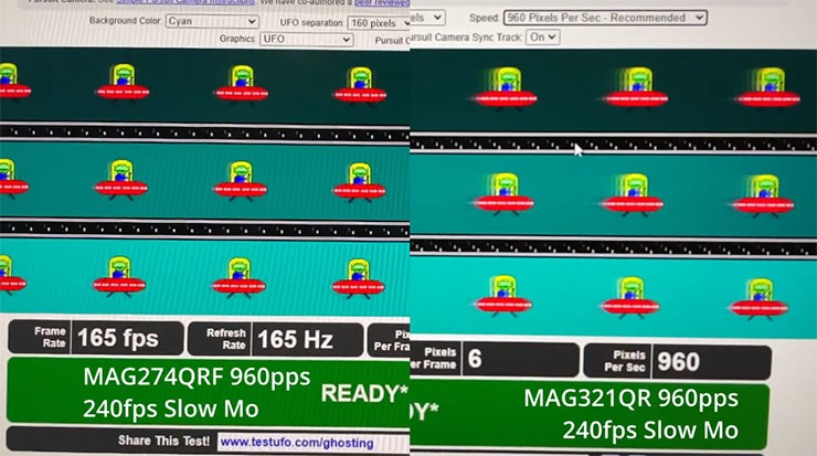 Rapid IPS 面板（圖左）與一般 IPS 面板播放動態畫面並使用 240fps 超慢動作模式拍攝之下就可以看到畫面清晰度的差別（圖片來源：SlayrVal）