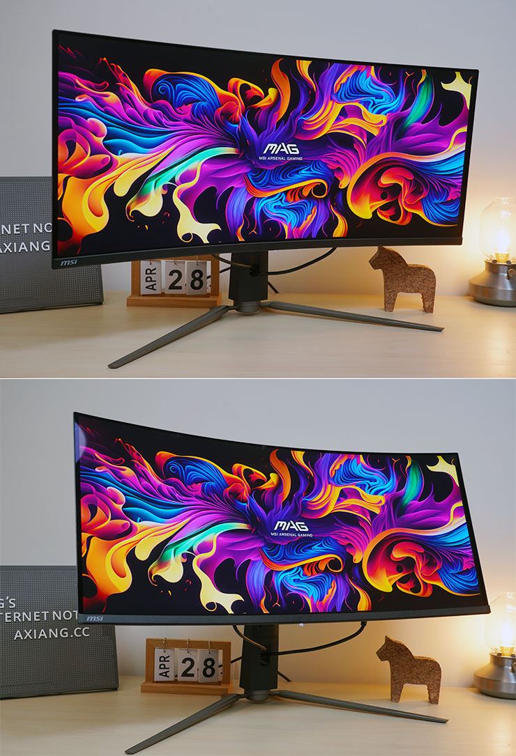 MAG 341CQP QD-OLED 支援上下傾角的調整，範圍在向下 5 度至向上 15 度的範圍。