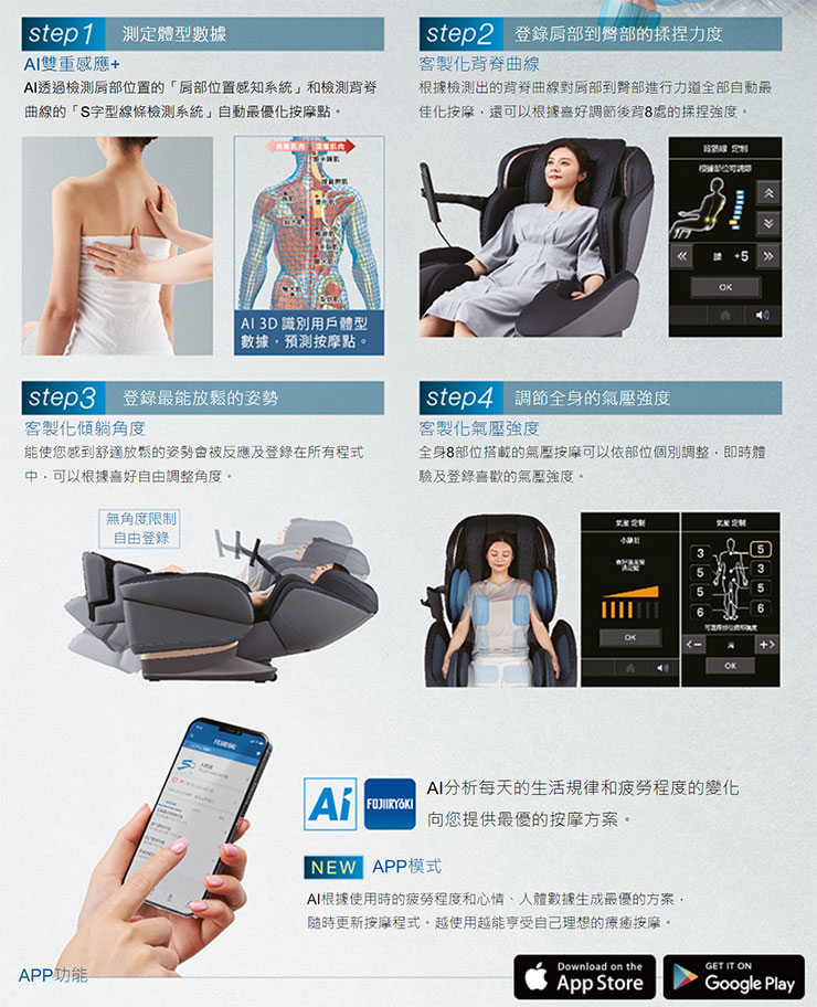 【2024版】大型按摩椅選購推薦分享:OSIM、FUJI、輝葉、喬山、Tokuyo / Panasonic、高島、OGAWA 七大品牌實測心得 - 阿祥的網路筆記本 當天試坐並沒有實際看到 Daijo 大乘 JP-3000 5D-Ai Plus 的手機 APP 功能,看了一下官網介紹,比較像是輔助控制器不足之處,能預先設定好喜好參數再同步到按摩椅。