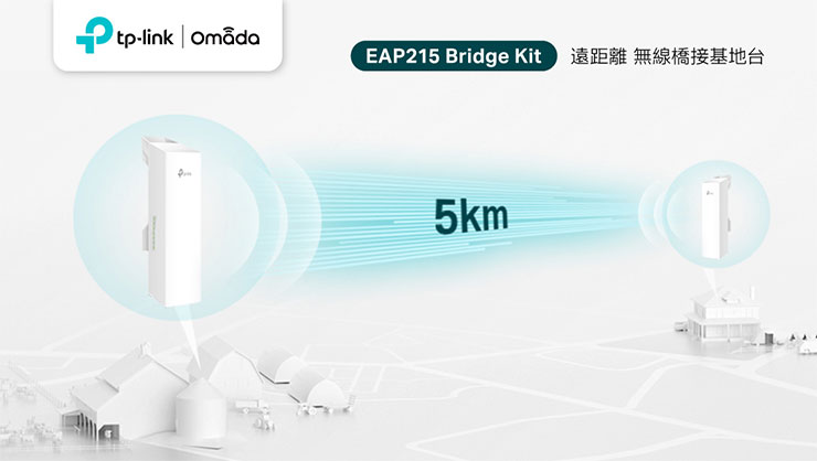 TP-Link強勢新品EAP215 Bridge Kit，可在5 GHz頻段中無線數據傳輸速率高達867 Mbps，且可達成長距離5公里的傳輸，實現遠距連網新境界！