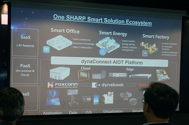 夏普集團擁有完整的智慧解決方案生態系，包括智慧辦公室、智慧能源與智慧工廠…等不同類型，dynaConnect 也整合了 AIOT 平台。