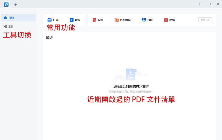 EaseUS PDF Editor 的主介面十分簡單易懂，圖文並列的功能鈕也相當美觀。