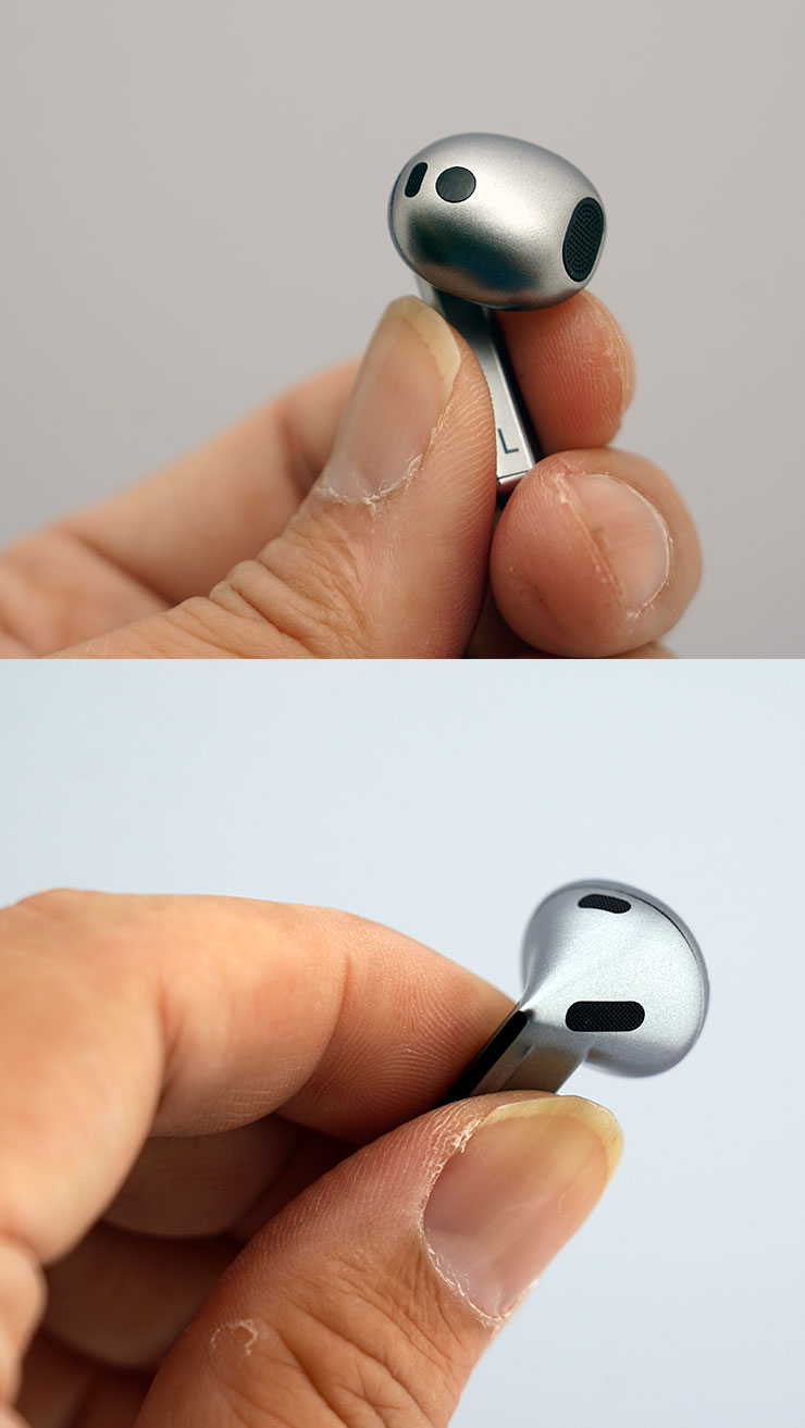 Galaxy Buds3 的耳機正反面特寫。