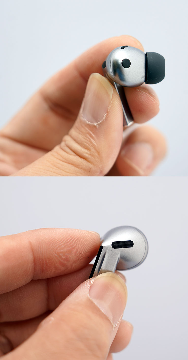 Galaxy Buds3 Pro 的耳機正反面特寫。